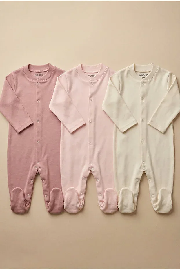 Cotton Relaxed Fit 3-Piece Baby Bodysuit Set - Rosewood, Powder, Comfy Ecru - Practical Snap Button Footed