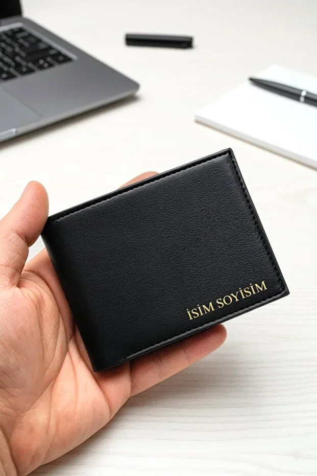 Leather Wallet Personalized Name Printed - 9 Cards - Coin Compartment Butterfly Model Black Wallet