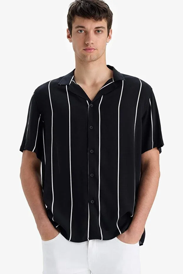 Regular Fit Mandarin Collar Striped Summer Short Sleeve Shirt E2559AX25SM