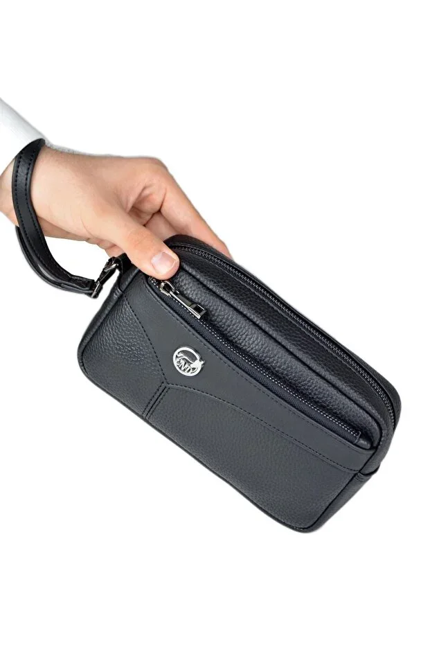 Men's Black Cardholder Bracelet Belted Portfolio Clutch Bag