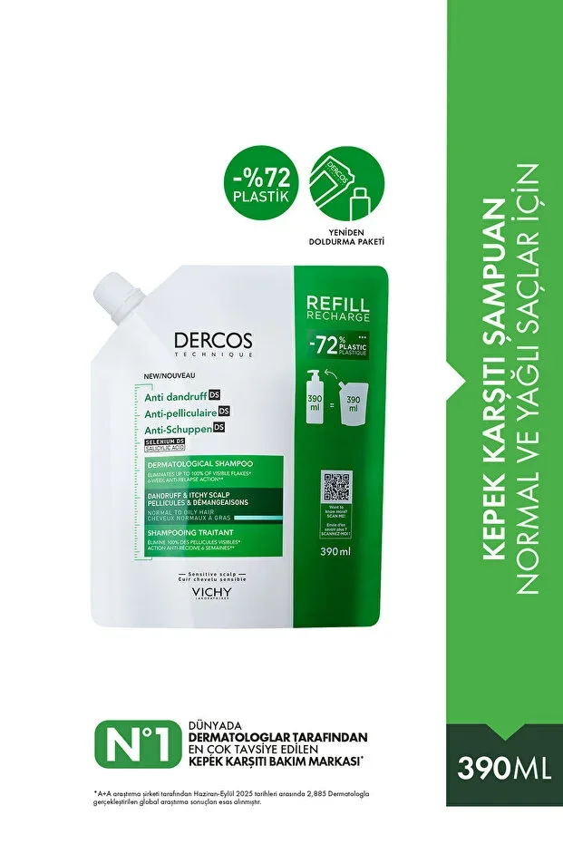 Dercos Anti-Dandruff Shampoo for Normal/Oily Hair Refillable Pouch 390 ml