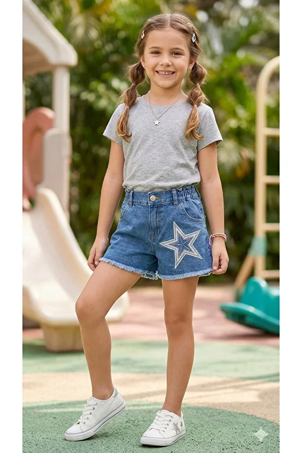 Girls Star Embroidered Blue Shorts 3/8 Years