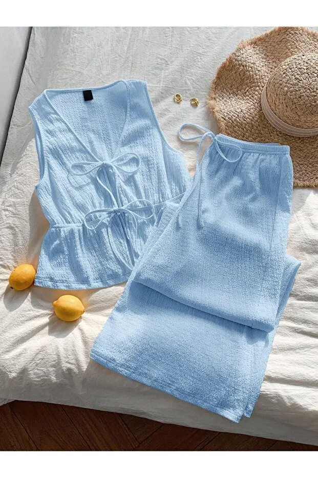 Baby blue vest two front tie detail wide leg pants top bottom set