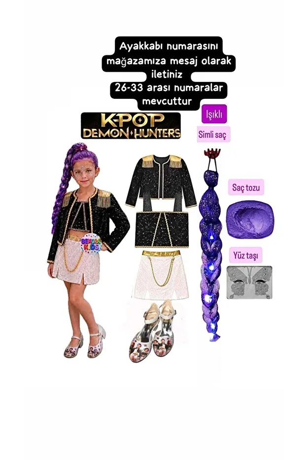kpop rumi huntrix rumi demon hunters costume skirt jacket bustier blouse + kpop rumi purple light glitter hair + purple hair powder + face gems + kpop heels birthday party set
