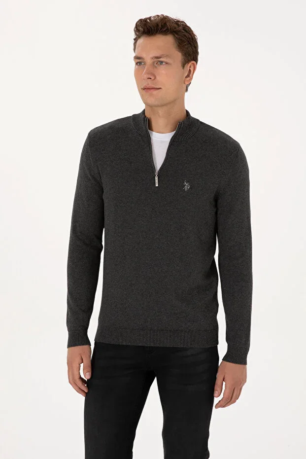 Men's Slim Fit Half-Zip Anthracite Melange Basic Sweater 50313695-VR081