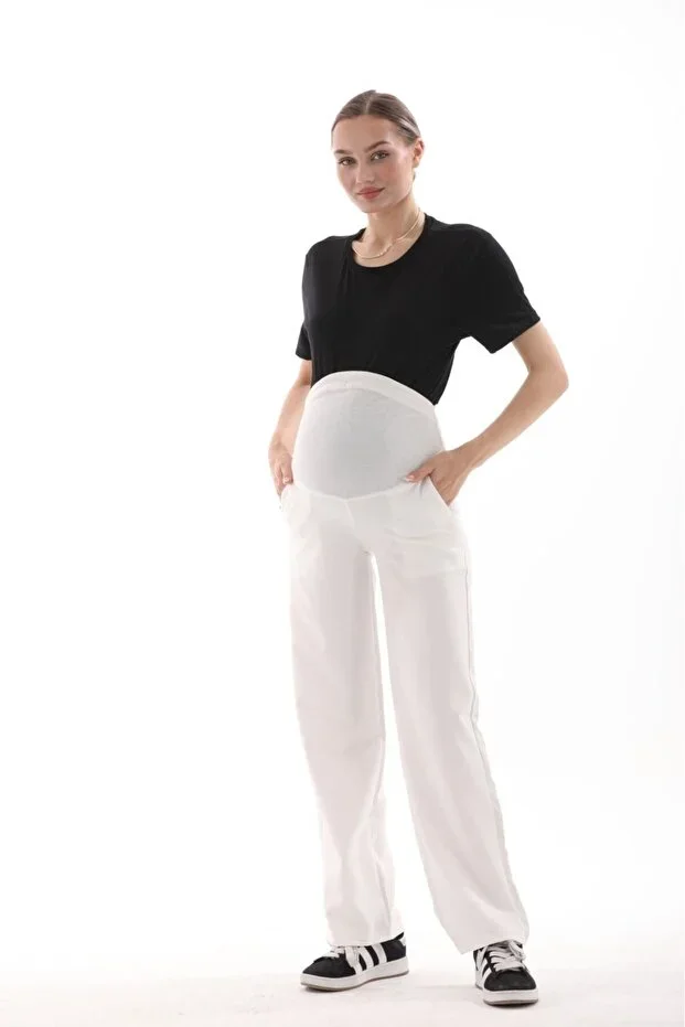 BIG LESSON Pregnant Women Elastic Waistband Adjustable Wide Leg Gabardine Pants White