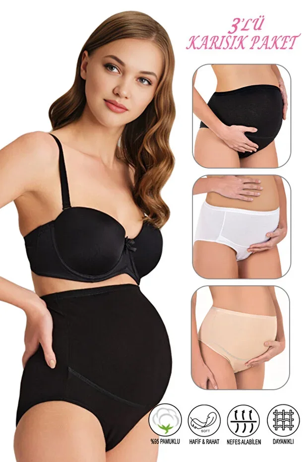 ÖZKAN Underwear 23582 3-Pack Women's Black White Skin Tone Cotton Lycra Supreme Pregnant Postpartum High Waist B
