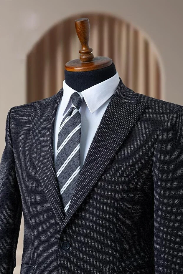 Black Italian Style Textured Slim Fit Men's Blazer Jacket
