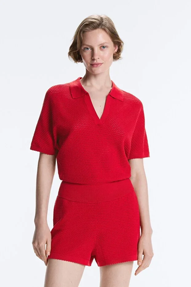 Oysho Cotton Openwork Knit Polo