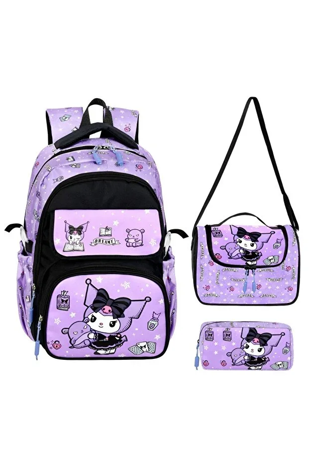 Princess "Kuromi" Themed Primary School Backpack, Thermal Lunch Bag and Pencil Case