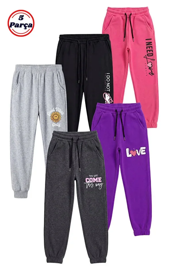 5 Piece Print Detailed Elasticated Hem Jogger Girls' Sweatpants