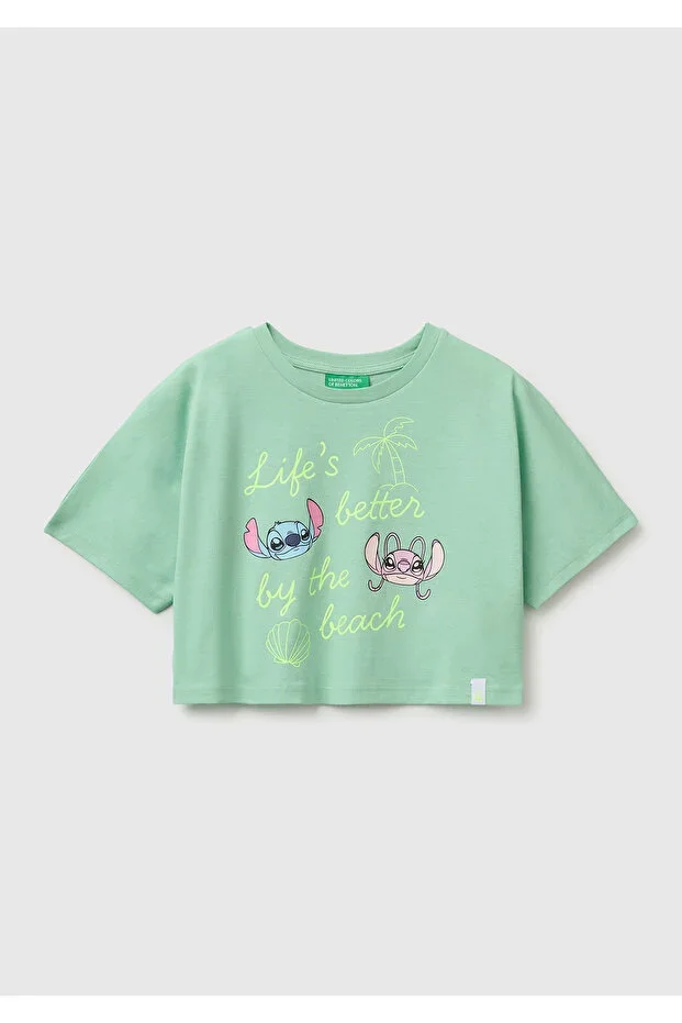 Girls Green Lilo & Stitch Print Detailed Crop T-Shirt