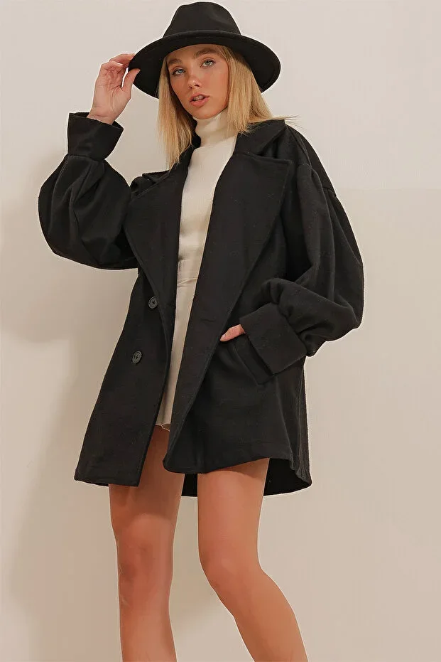 Black Cross Collar Balloon Sleeve Coat ALC-X10913