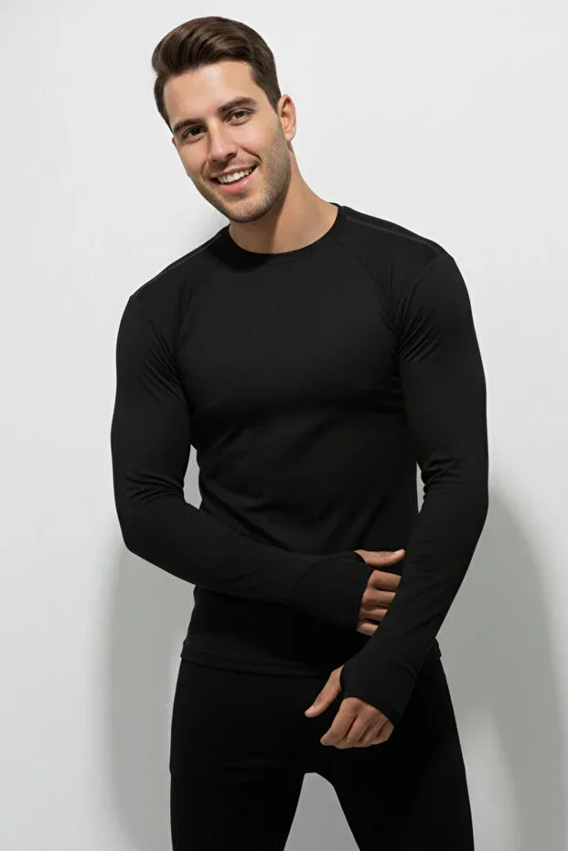 CoreX Men's Thermal Base Layer Top Football Baselayer Long Sleeve Running T-shirt Black
