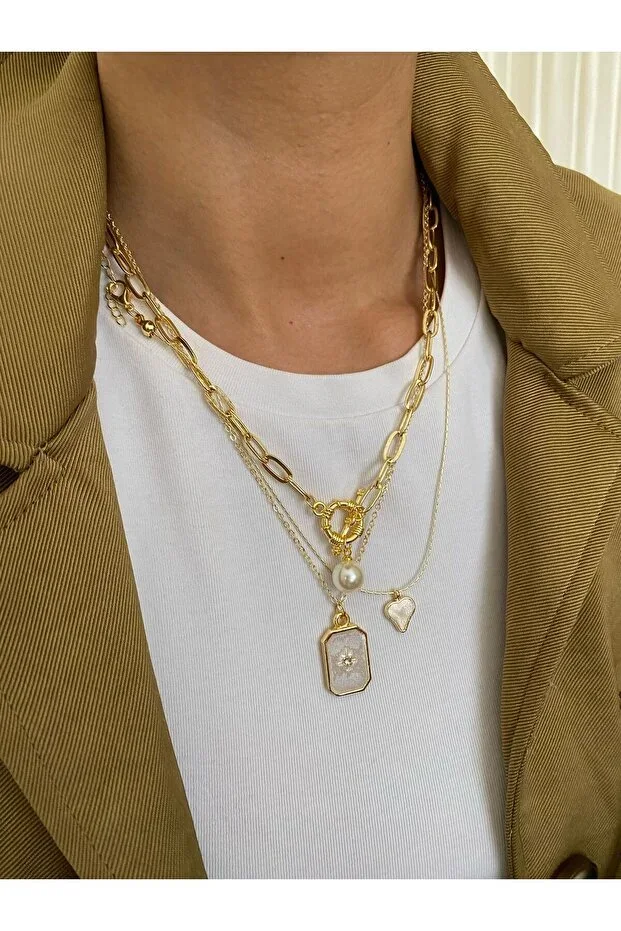 Pole Star Top Pearl Enamel Detailed Triple Combination Necklace