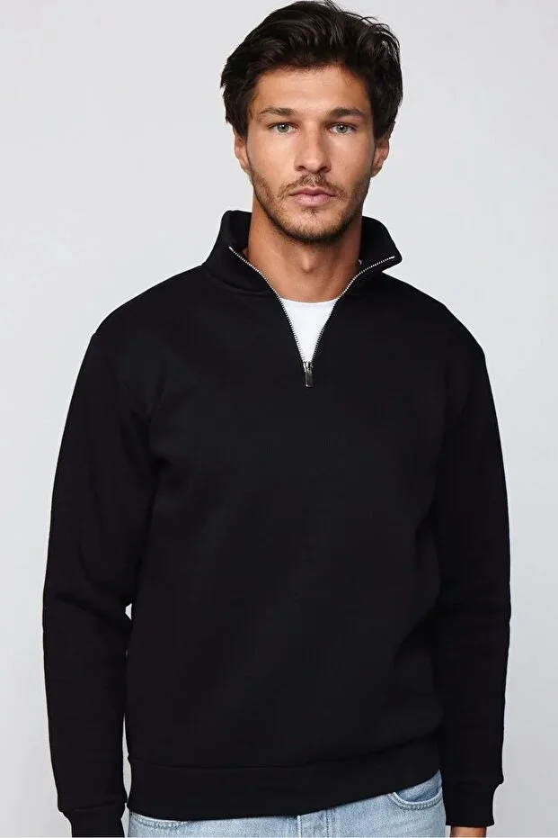 Unisex Relax Fit Cotton Inside Polar Half Zip Black Stand-Up Collar Sweatshirt