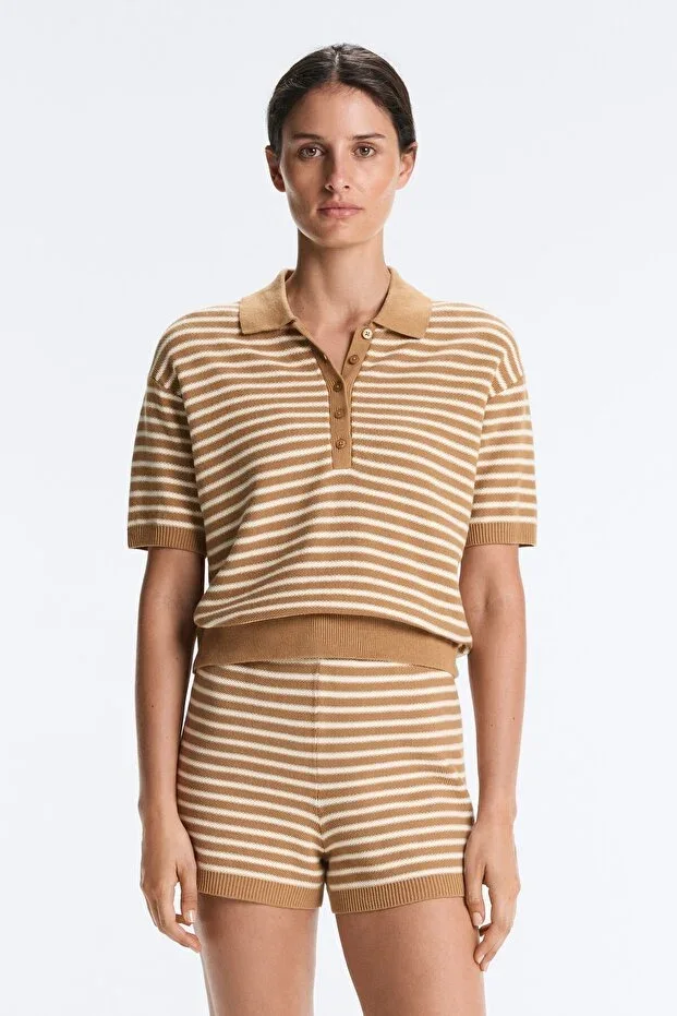 Oysho 100% Cotton Striped Knit Polo T-shirt