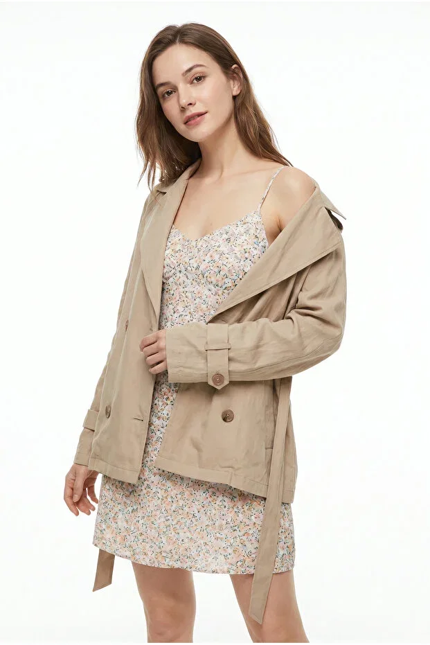 Women's Short Cotton Unlined Summer Trench Coat Mocha Beige 1278