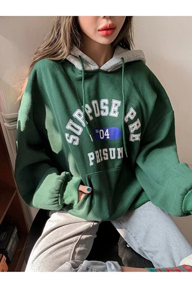Women's 3-Thread Green Suppose Printed Oversize Sweatshirt