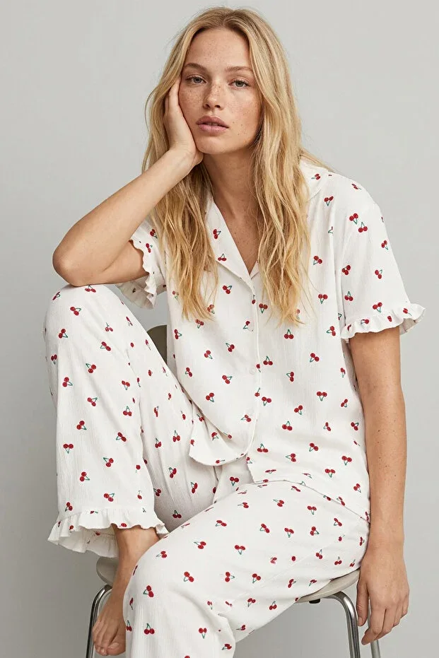 Cherry Patterned Crinkle Short Sleeve Buttoned Pajama Set 7930