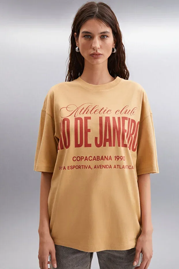 MALIKA Women's 100% Organic Cotton City Theme Print Oversize Crew Neck Beige T-Shirt