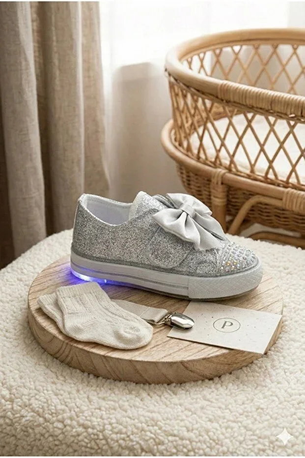 Inner Sole Orthopedic Girls Daily Stoneed Bowed Lighted Sport Babet SILVER