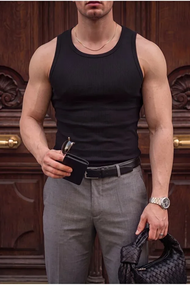 Men's Black Halter Neck Ribbed Lycra Tank Top