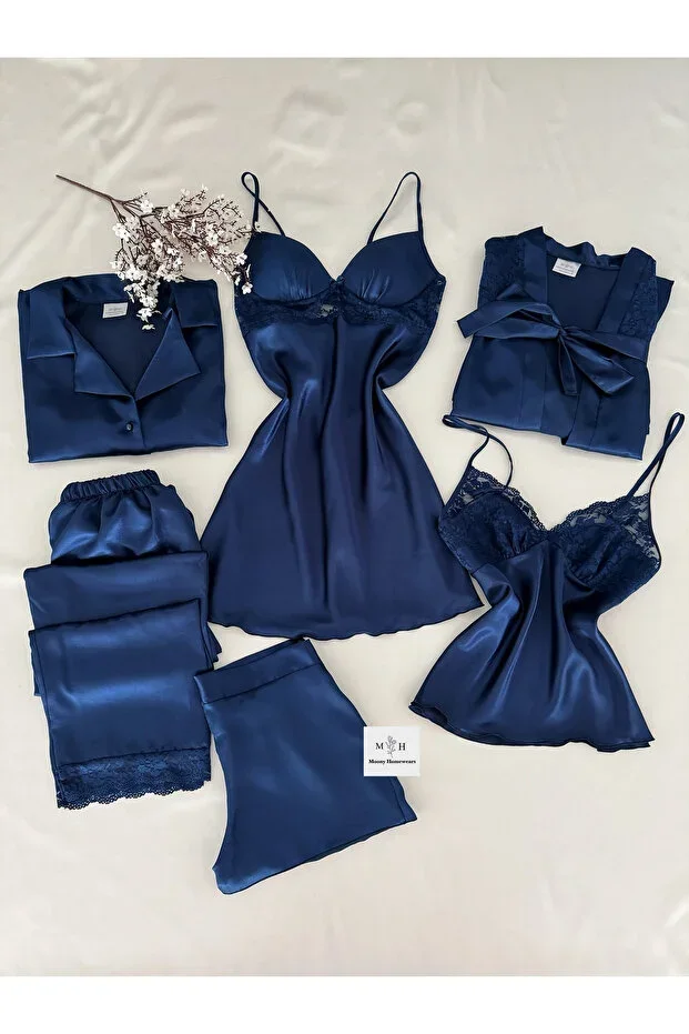 6-Piece Boxed Navy Blue Crump Covered Nightgown Robe Pajama Trousseau Set