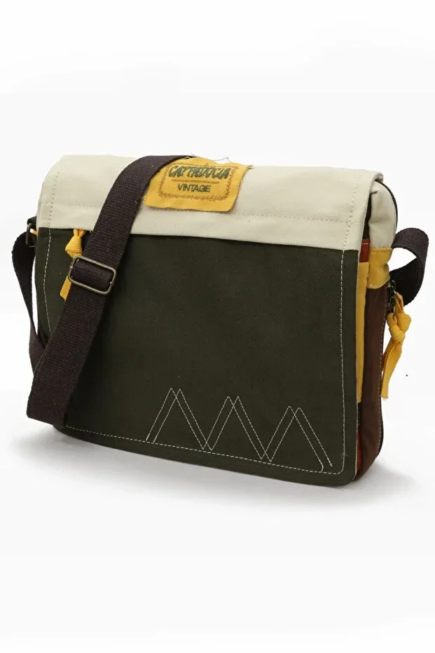 4009 Ephesus Loose Shoulder Messenger Green Cream 15.6 inch Laptop School Travel Daily Vintage Cotton Bag