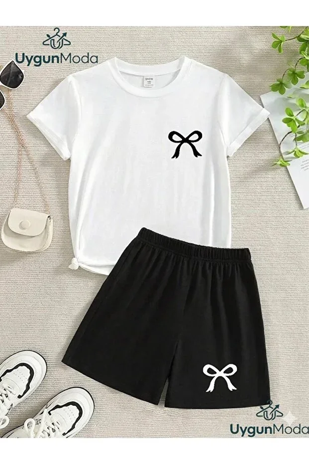 MINI RIBBON PRINTED T-SHIRT SHORTS SUMMER TOP-BOTTOM CHILDREN'S SET