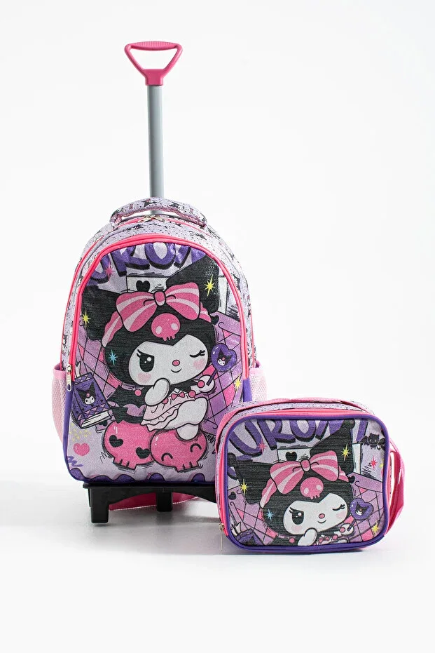 Sparkly Kuromi Printed Folding Leg Fixed Trolley 2-Piece School Set Waterproof Bag Lunch