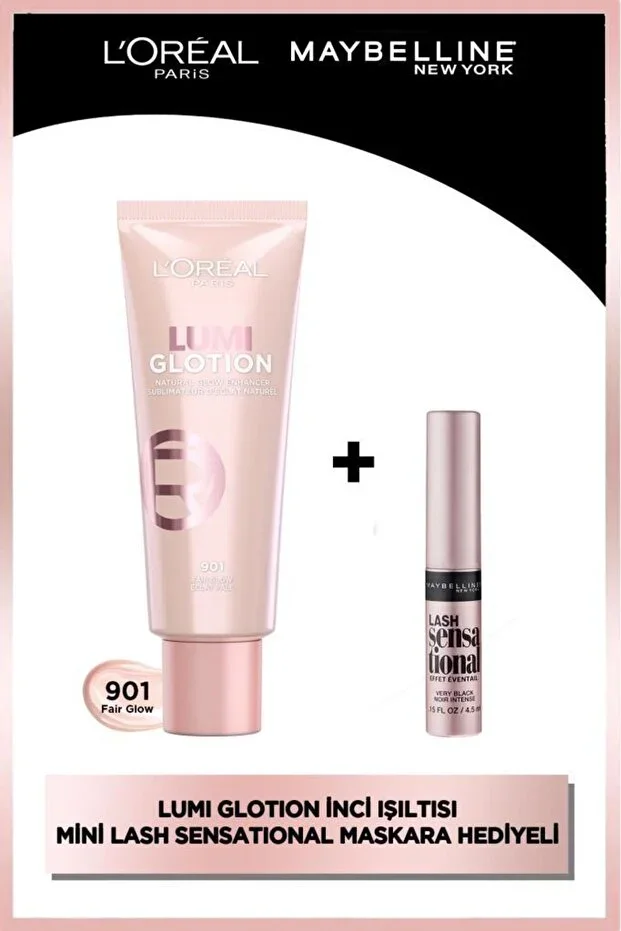 L'Oreal Paris Glotion All-in-one Natural Glow 901 - Fair Glow 40 ml, Highlighter & Mini Lash Sensational Mascara
