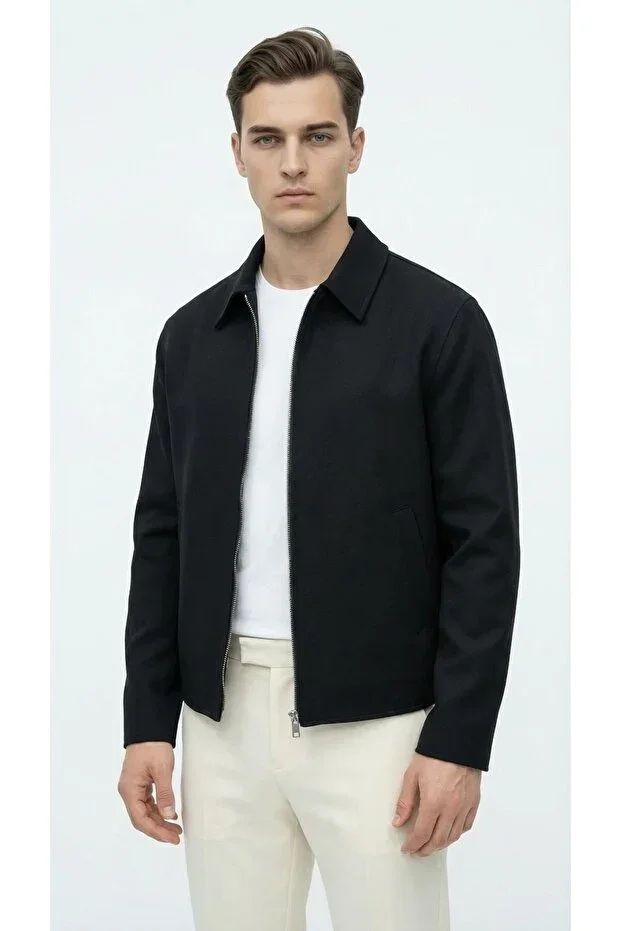 Men's Zippered Seasonal Jacket – Dense Textured Shirt Collar