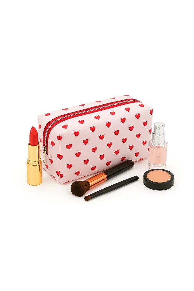 Chicclutch Daily Makeup Bag - Stylish And Compact Design - Red Heart Pattern
