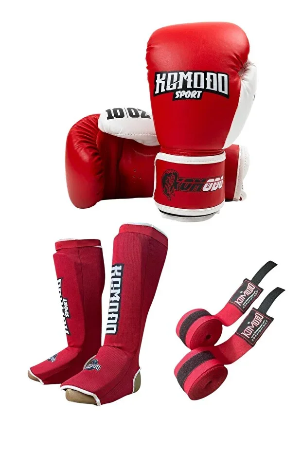 Boxing Gloves 10 oz/Bandage 3.5 Meters /Elastic Kickboxing Shin and Instep Protector Set