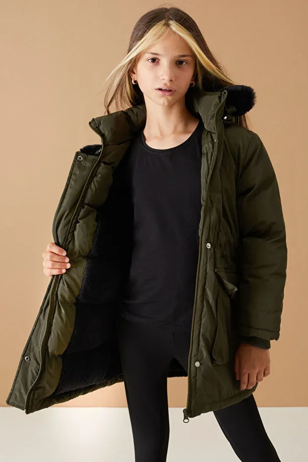 Khaki Hooded Jacket with Pockets for Girls 19061