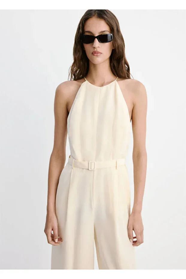 MANGO Woman Halter neck jumpsuit with belt detail