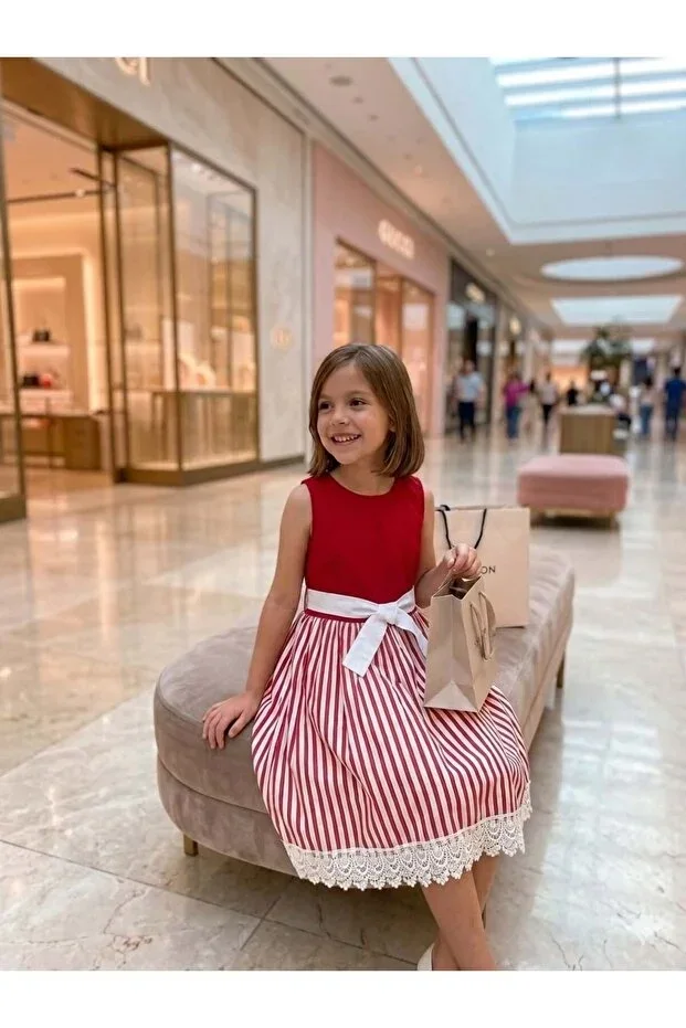 Girl Child Red Striped Fluffy Skirt Lace Detailed Dress