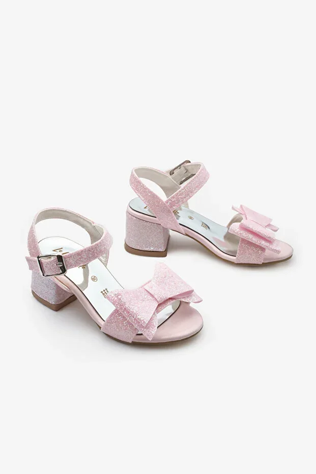 Powder Pink Ankle Strap Bow Girl's Heeled Shoes