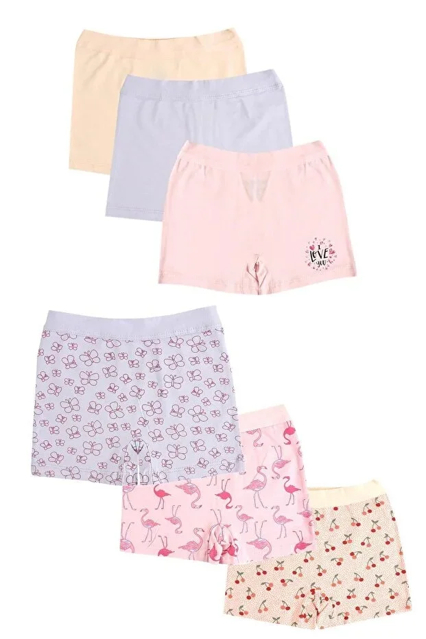 6-Pack Girls' Cotton Bonjour & Cherry Mixed Boxer Shorts