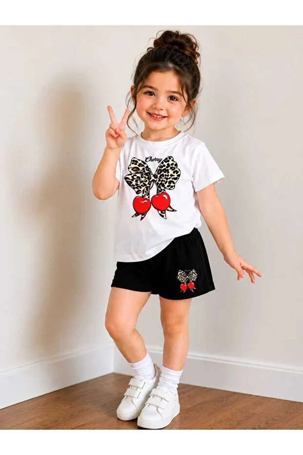 Kids Ribbon Cherry Patterned Black White 2-Piece Summer Shorts Set