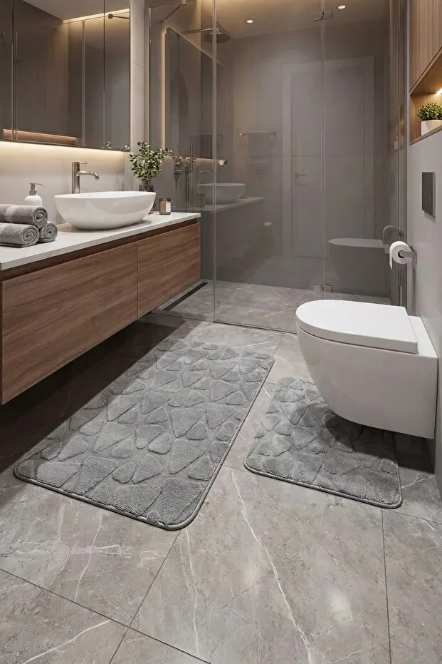 Gray Cotton Bath Mat Machine Washable Non-Slip Base Water Absorbent 2-Piece Bath Mat Set