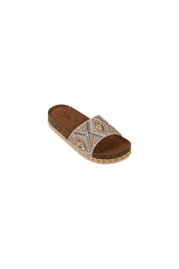 Ethnic Patterned Silver Crystal Stone and Wicker Detailed Women's Slipper