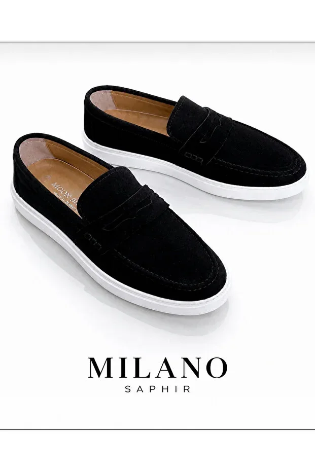 LOAFER SHOES KUZEY Black Suede Genuine Leather Stitched