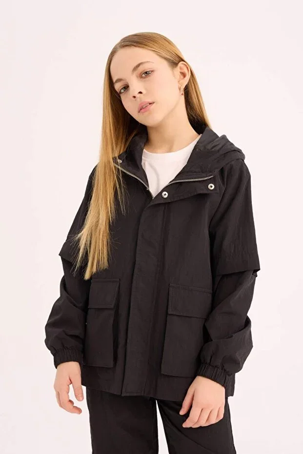 Girls Water Repellent Hooded Zip-Fastened Pocketed Raincoat D6934A825SP