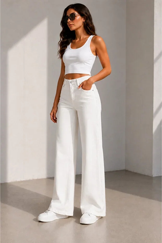 ZÉRIA Women's White Loose Lycra Palazzo Jean Pants High Waist Wide Leg Modern Relaxed Fit Women Denim