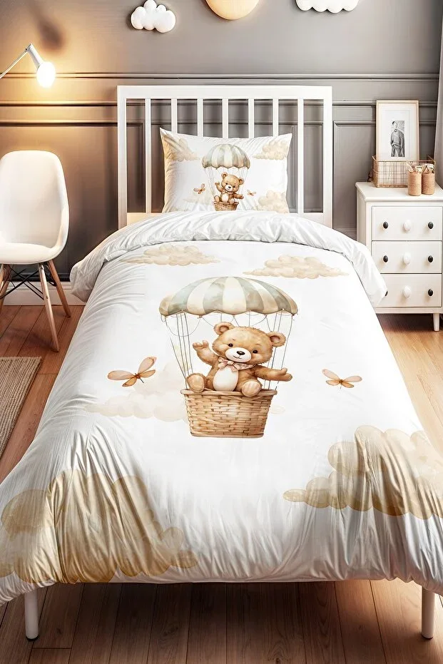 Cute Teddy Bear Pattern on Clouds Single Baby Children Duvet Cover Set