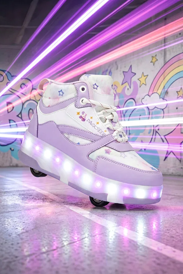 DARK SEER Speedy White Purple Wheels Light-up Roller Skate Shoes Sneaker
