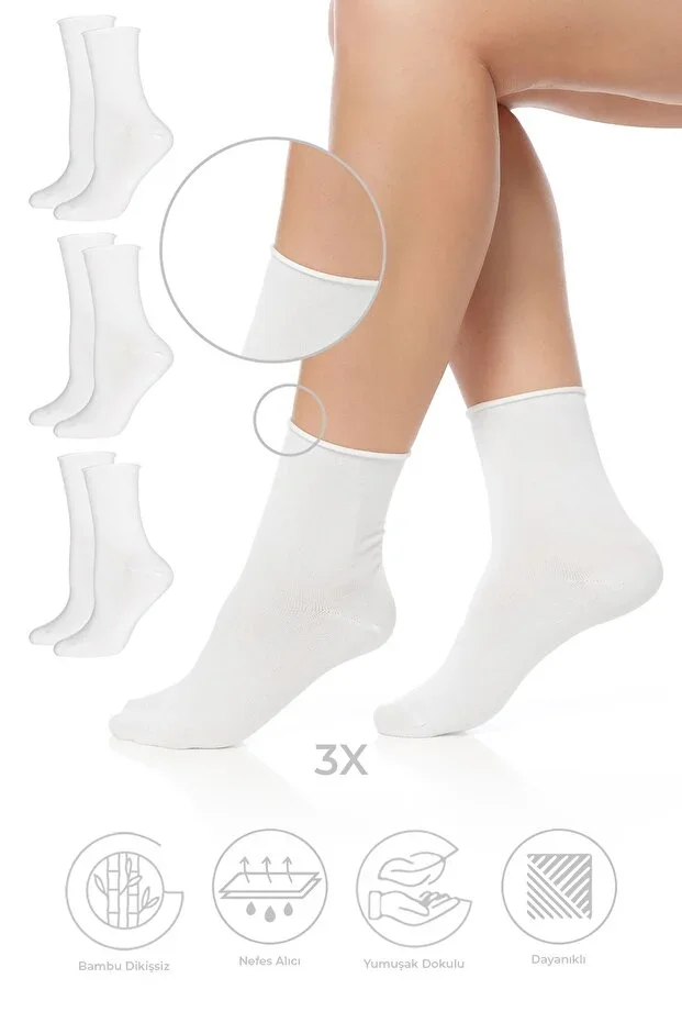 Bambu Women's Non-Elastic White Socket Seamless Premium Socks 3-Pack / Non-Marking / Non-Tightening Socks