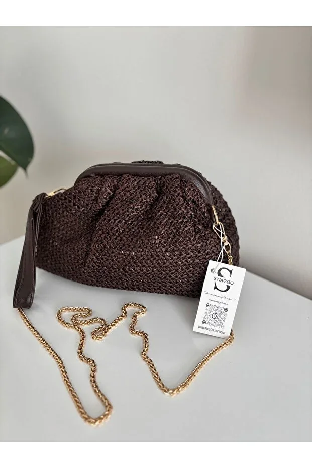 Women's Straw Leather Detailed Clutch Bag